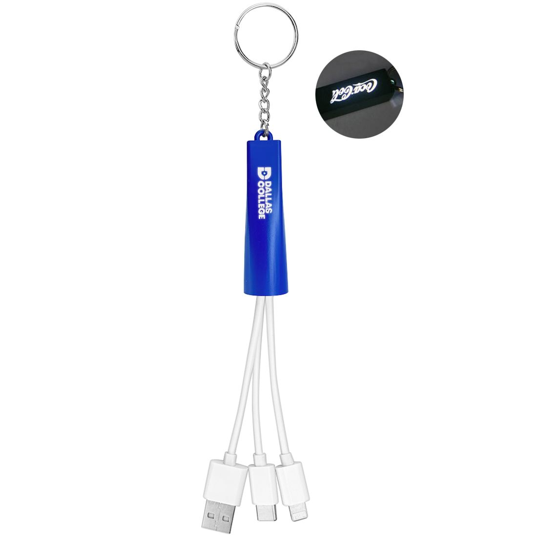 Custom 3-in-1 Light Up Logo Charging Cables w/ Keychain