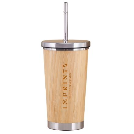 Custom Stainless Steel Bamboo Tumbler w/ Straw - 15 oz.