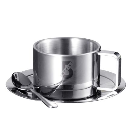 Custom Stainless Steel Mug w/ Saucer & Spoon - 6.76 oz.