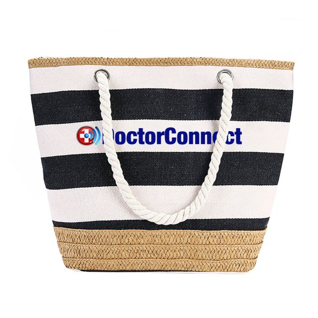 Full Color Custom Striped Canvas & Straw Beach Bag - 18"w x 13.4"h x 6.7"d