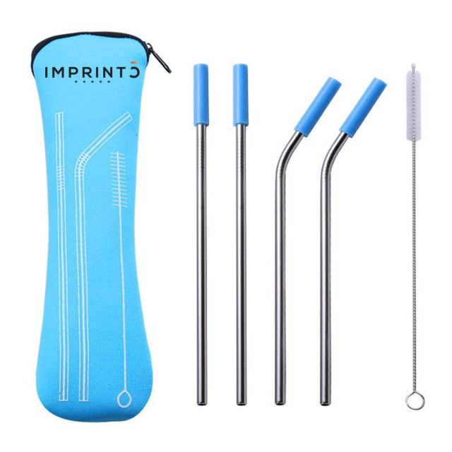 Custom Stainless Steel Drinking Straw with Cleaner in Neoprene Bag