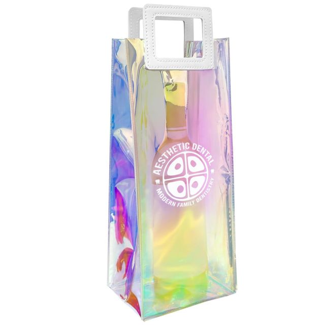 Custom Holographic Wine Bags w/ PU Handles - 6"w x 15"h x 4"d