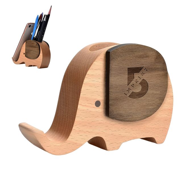 Custom Elephant Wooden Pen Holder w/ Phone Stand