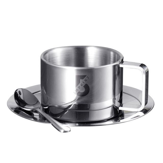 Custom Stainless Steel Mug w/ Saucer & Spoon - 6.76 oz.