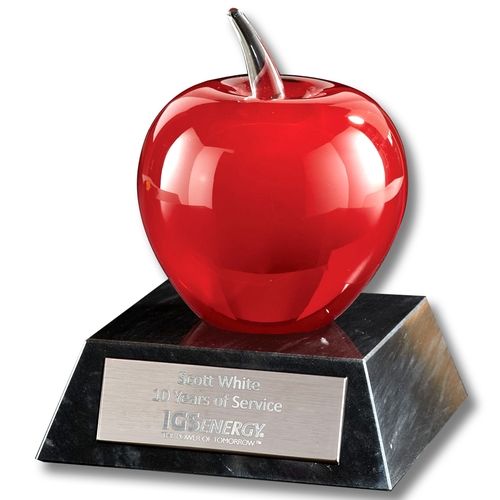 Glass Apple w/ Marble Base Custom Award - 4.5'w x 6"h x 4.5"d