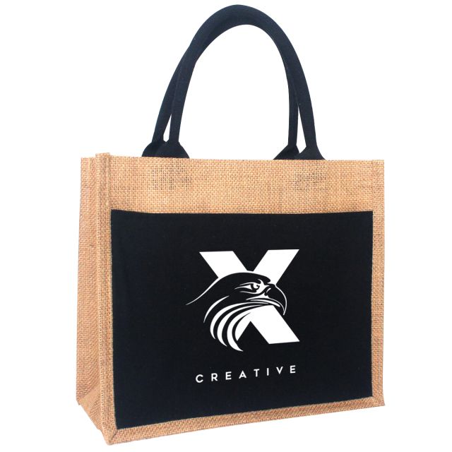 Full Color Custom Jute Shopper Tote w/ Canvas Pocket - 12"w x 10.5"h x 6"d