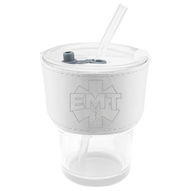 Custom Glass Mug w/ Straw and Leather Sleeve