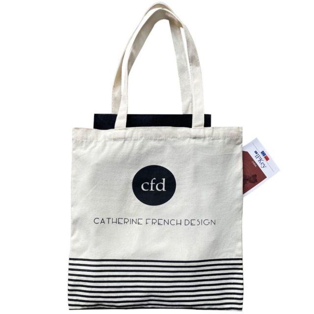 Custom Striped Cotton Tote Bag w/ Side Pocket - 14.88"w x 15.5"h