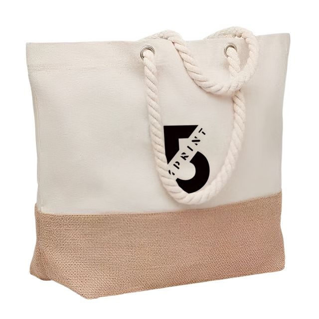 Custom Jute Base Cotton Tote Bag w/ Rope Handle - 15.75"w x 11.81"h x 3.94"d