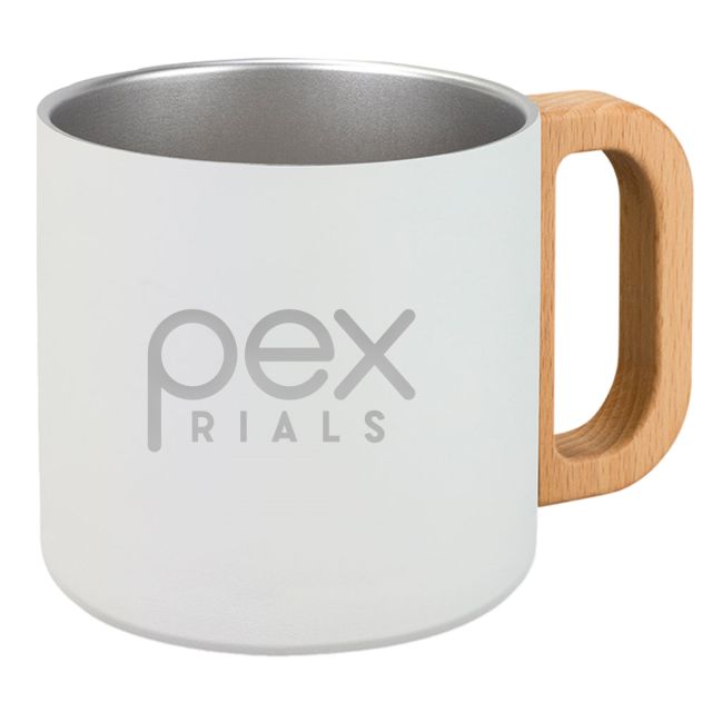 Custom Stainless Steel Vacuum Mug w/ Wooden Handle - 13.5 oz.