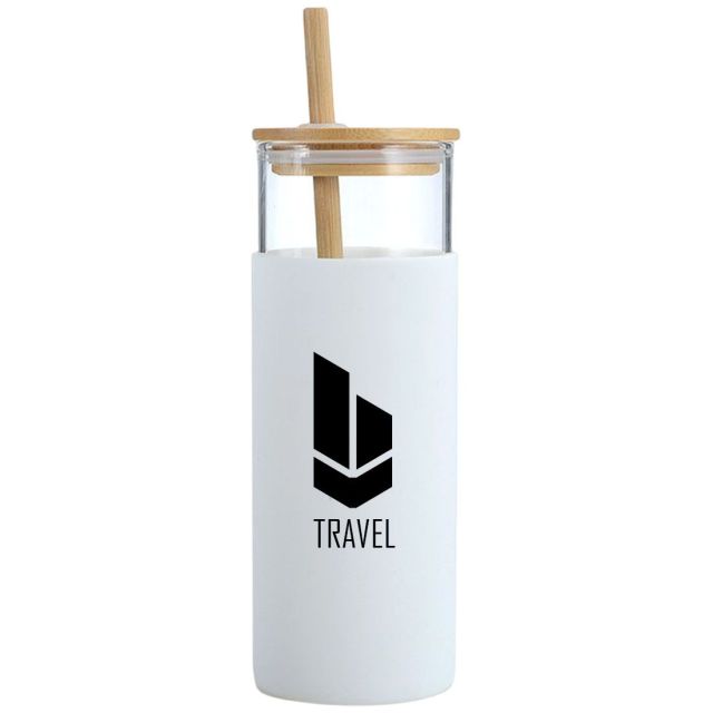 Custom Glass Tumbler w/ Silicone Sleeve & Bamboo Lid Straw - 17 oz.
