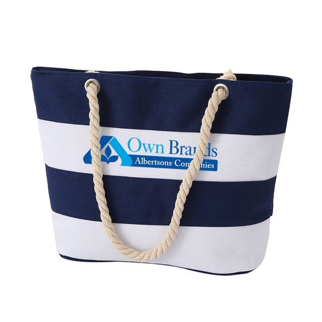 Custom Striped Accent Cotton Canvas Tote w/ Rope Handles - 18"w x 12.5"h x 5.5"d