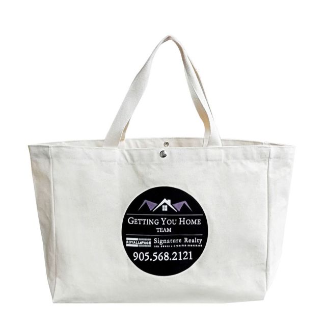 Custom Cotton Canvas Beach Bag w/ Snap Button Closure - 18"W x 13.7"H x 6"D