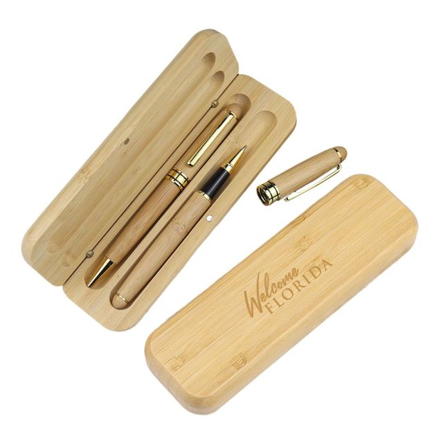 Custom Eco-friendly Bamboo Rollerball & Ballpoint Pens Set