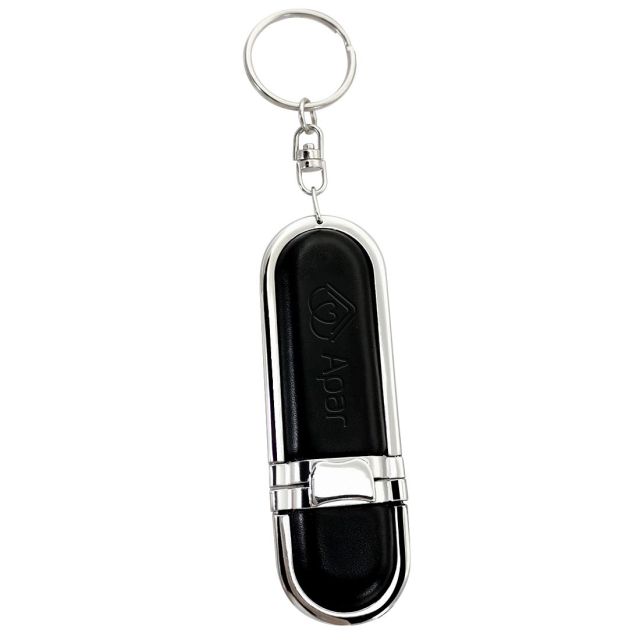 Steel Edge & Leather Custom USB Flash Drive w/ Keychain