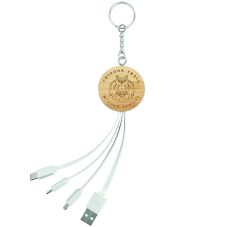 Full Color Custom 3-in-1 Bamboo Charging Cable w/ Keychain