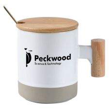 Custom Wooden Handle Two-Tone Coffee Mug w/ Bamboo Lid - 12 oz.